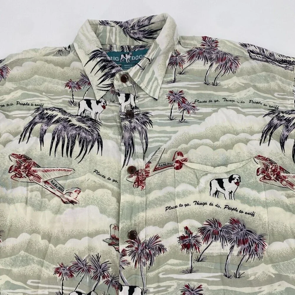 Big Dogs Hawaiian Shirt Mens Large Button Up Tropical Palm Trees Vintage USA